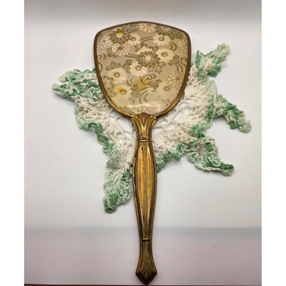 Vintage Brass Hand Mirror Floral Tapestry Back Art Deco Style Gold Tone Vanity